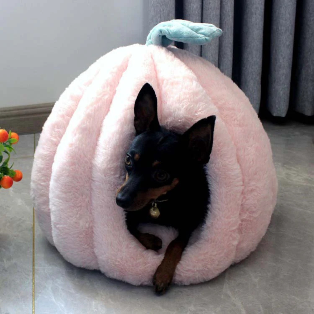 Warm insulated pet cave bed in grey for cats and small dogs, cozy pet house.