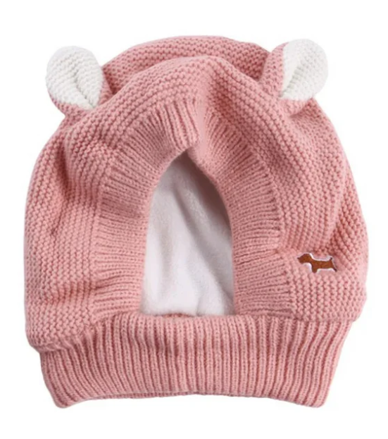 Cozy dog knitted hat in red with ear holes, cold weather dog apparel for pups