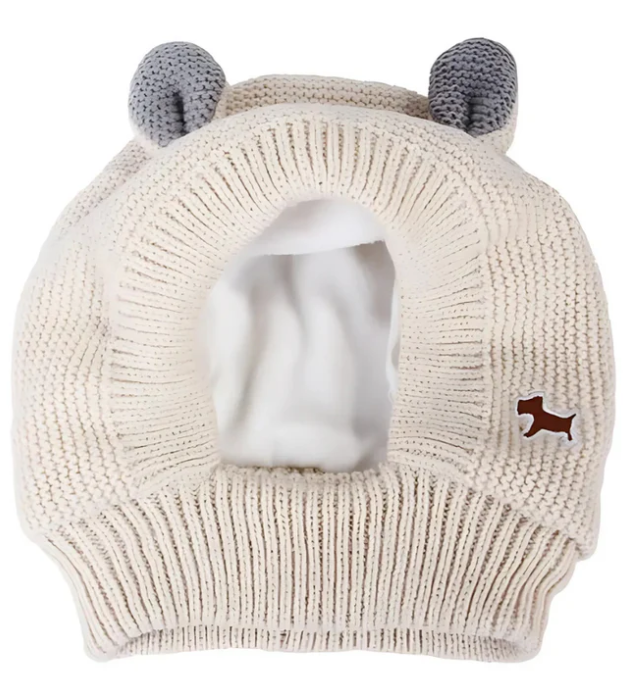 Dog hat from the side, showcasing ear holes and snug fit, cozy winter pet gear
