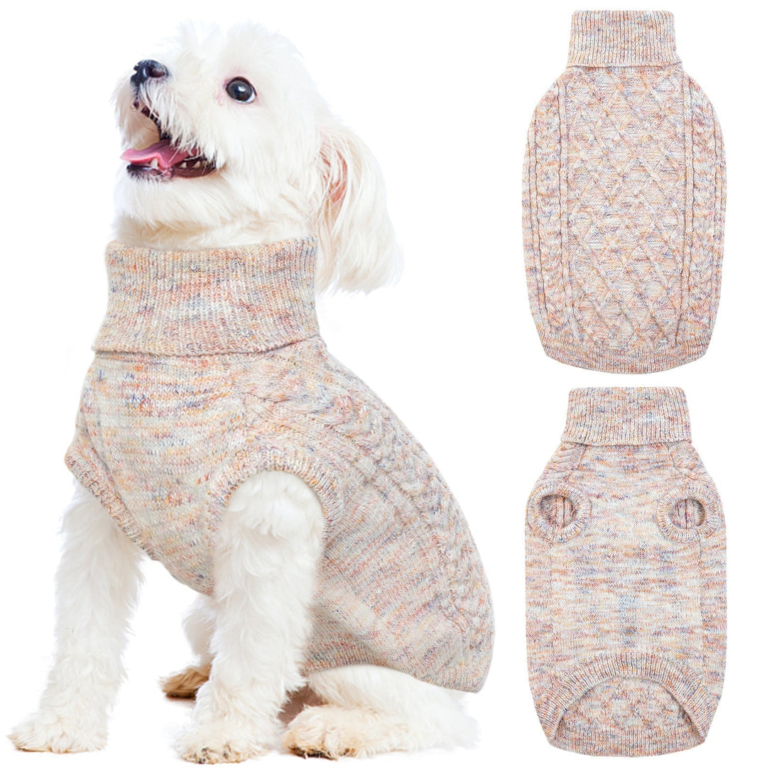 Small dog wearing a soft, red knitted turtleneck sweater, warm winter pet attire