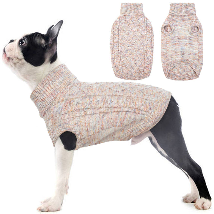 Machine washable green knitted dog sweater with a high turtleneck for winter warmth