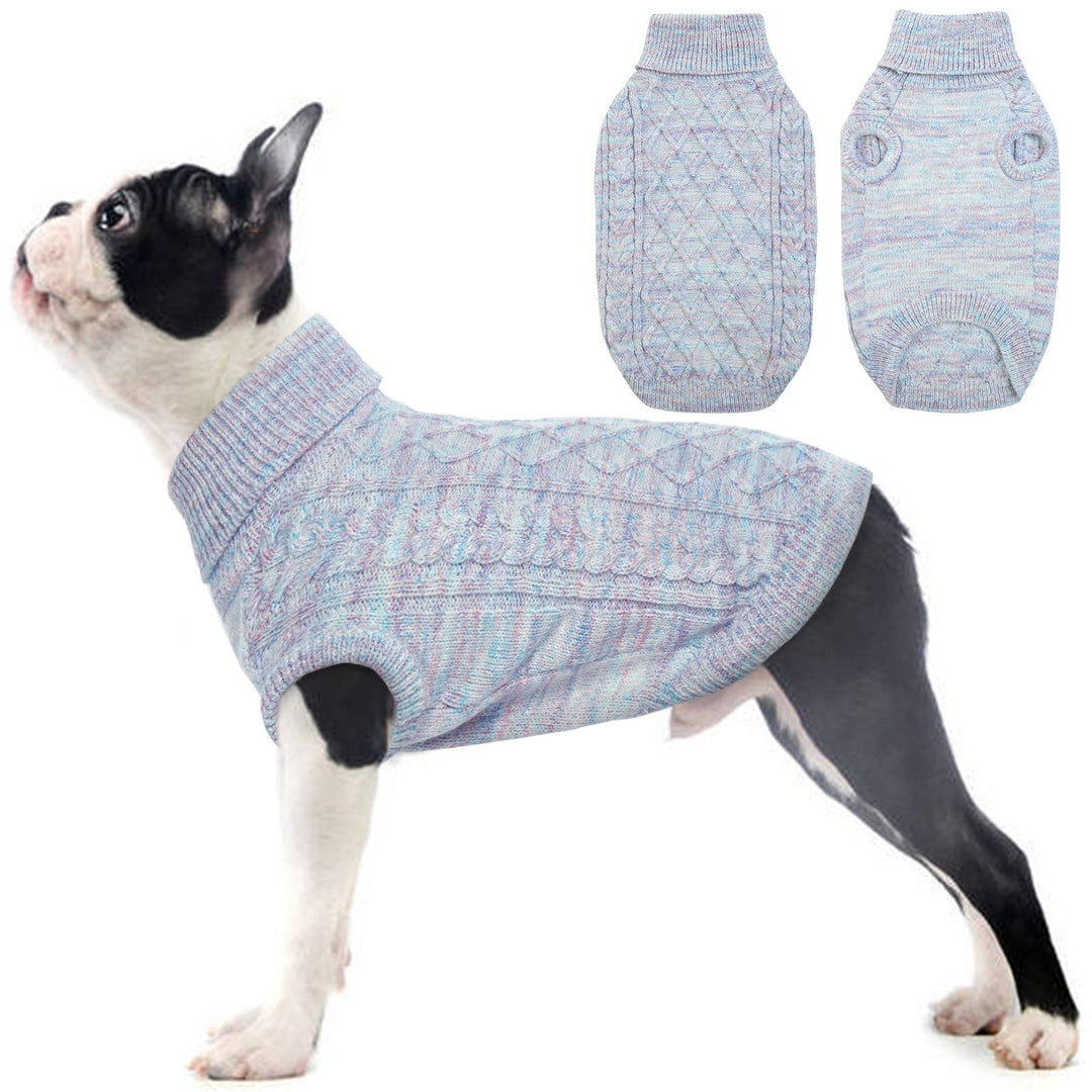 Comfortable purple knitted dog sweater, featuring a warm turtleneck for cold weather