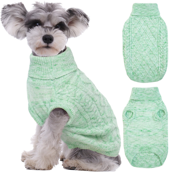 View of a dog wearing a fitted black knitted turtleneck sweater, stylish winter pet clothing