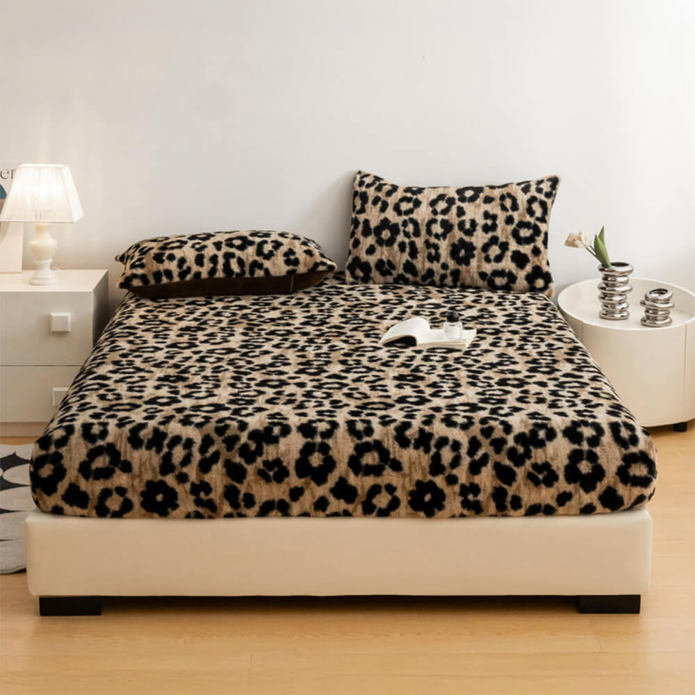Designer leopard print fitted sheet, soft faux rabbit fur elevates bedroom style