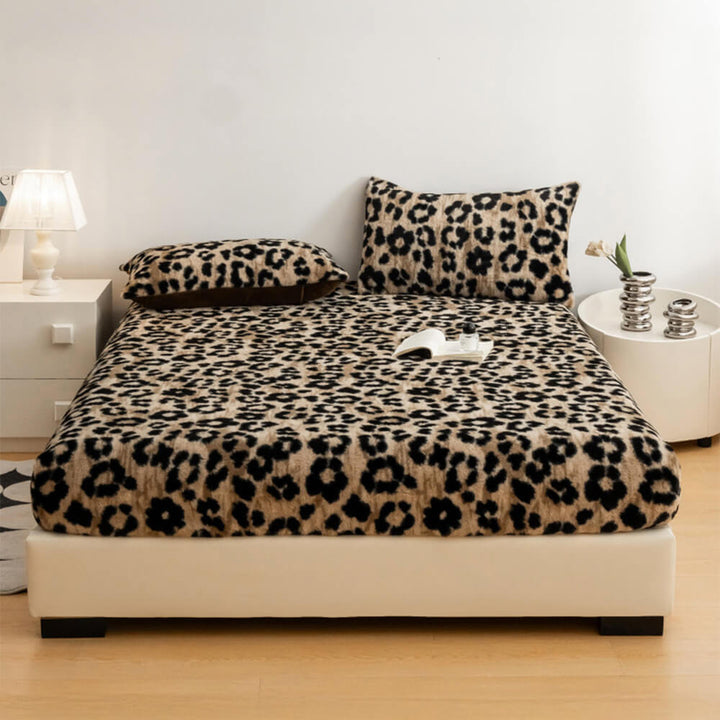 Designer leopard print fitted sheet, soft faux rabbit fur elevates bedroom style