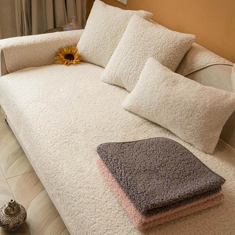 Warm mocha plush teddy fleece non-slip sofa cover on a sectional couch, pet-friendly home decor.