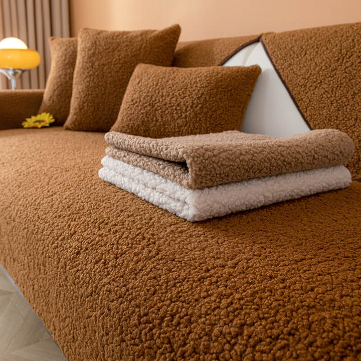 Luxury teddy fleece non-slip couch protector in a modern home, enhancing winter decor.