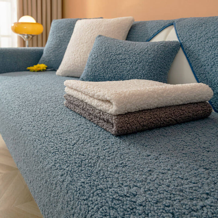 Warm and soft teddy fleece non-slip sofa cover in a rustic living room setting.
