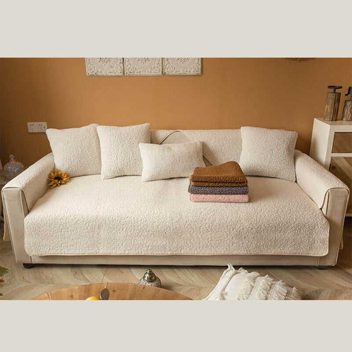 Brown teddy fleece non-slip cover on a two-seater sofa, winter essential home decor.