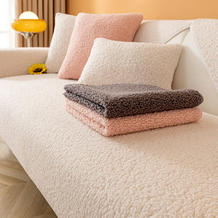 Full view of a living room with a beige teddy fleece non-slip sofa cover, cozy winter decor.