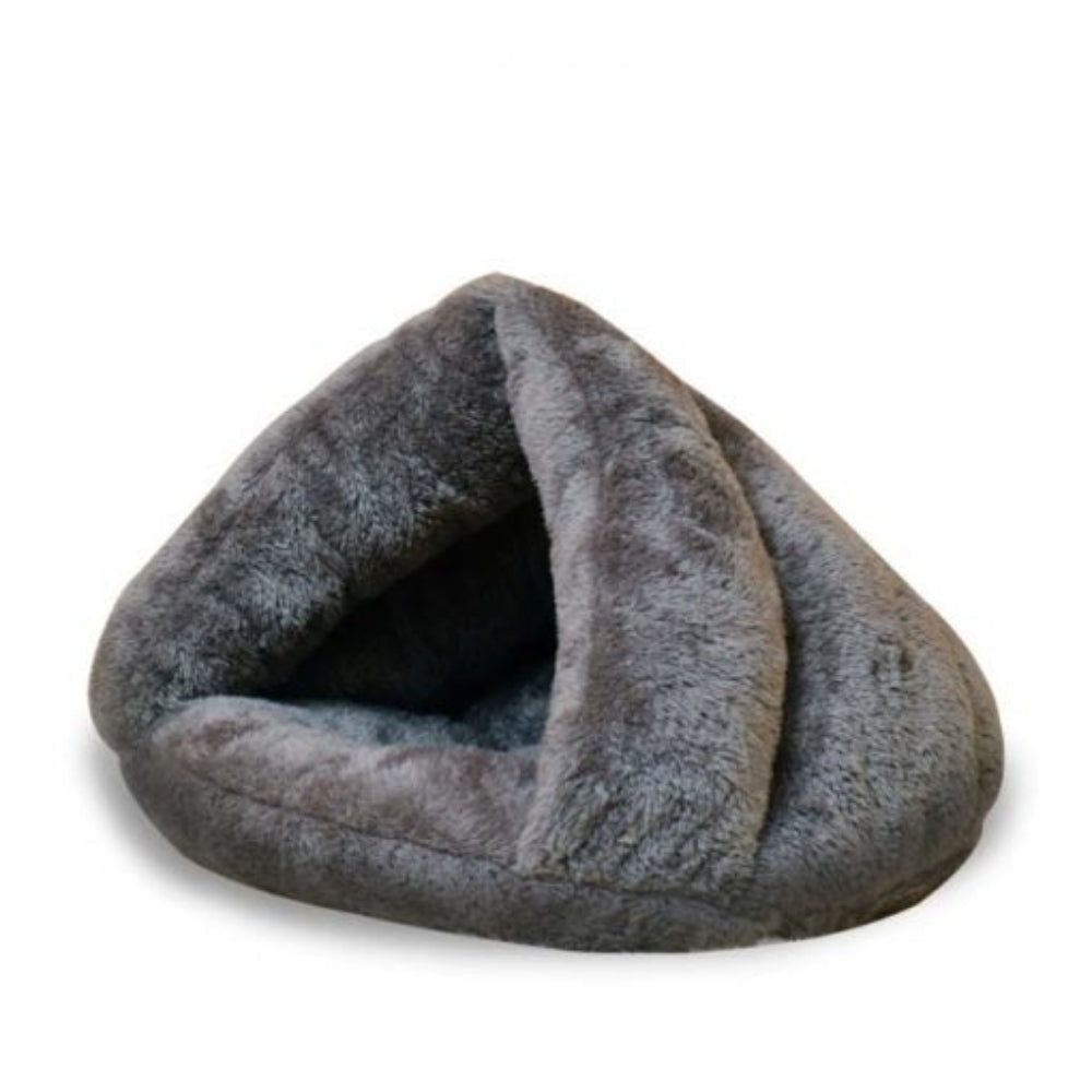 Luxurious faux fur self-heating cat bed, providing orthopedic support for restful pet sleep