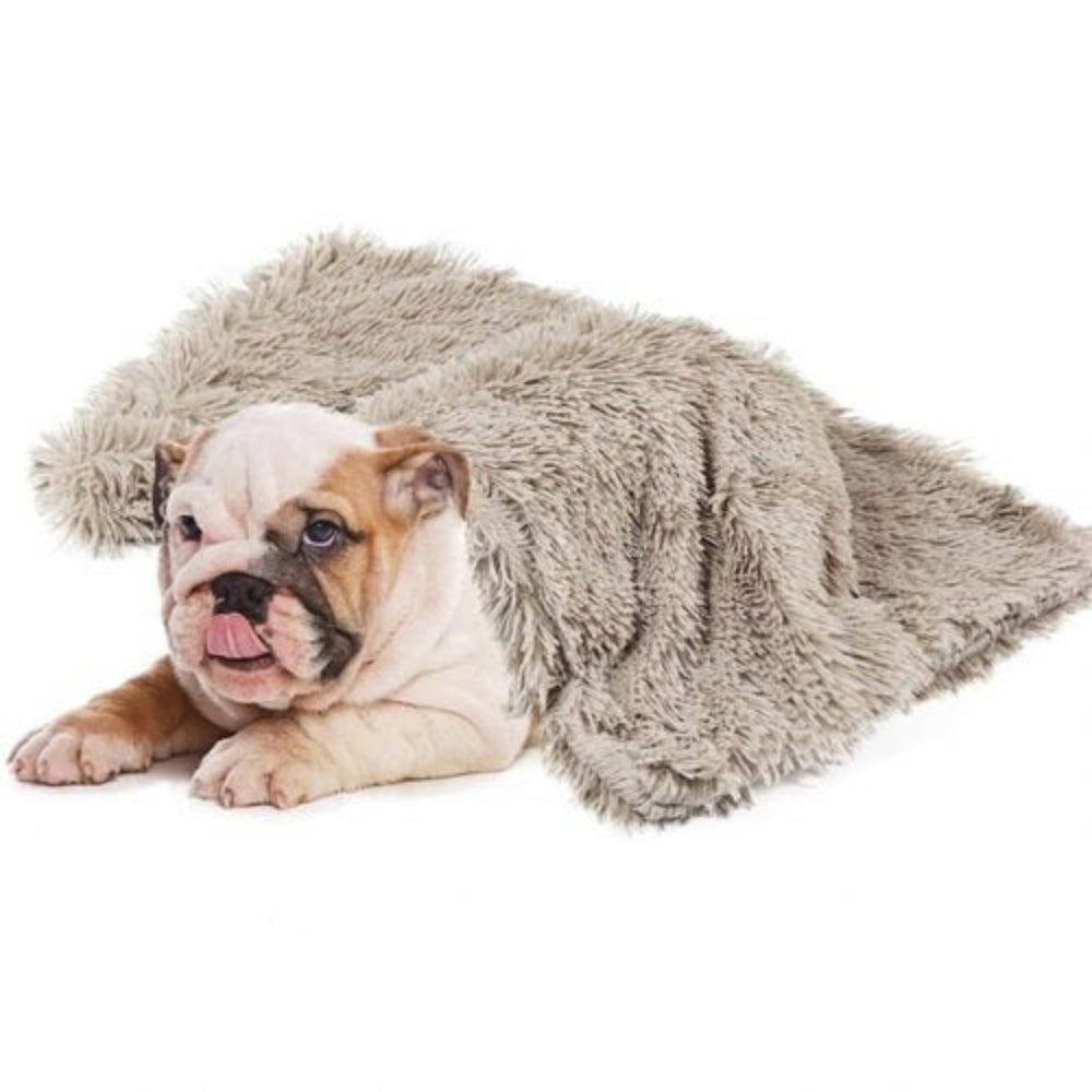 Soft grey faux fur pet blanket for ultimate dog & cat comfort and warmth, travel-friendly.