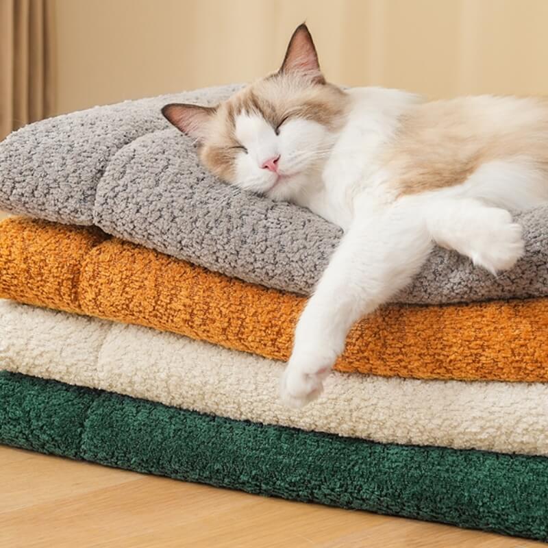 Open view of a rectangular warm plush pet mat, a non-slip dog and cat bed for pet comfort. Washable.