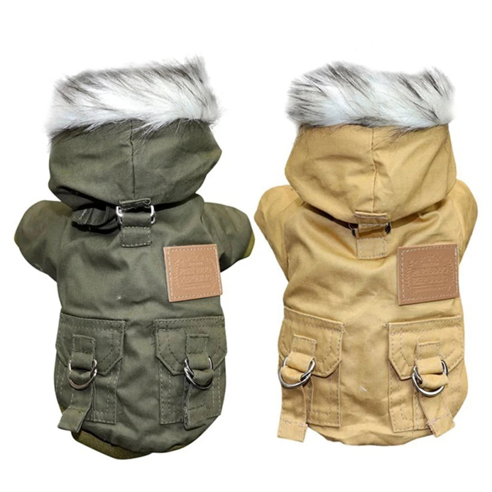 Unisex thermal pet jacket, gray, with hood, perfect for keeping dogs warm during cold outdoor walks