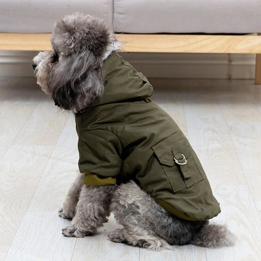 Yellow thermal pet jacket, designed for outdoor warmth, with a functional hood for dogs