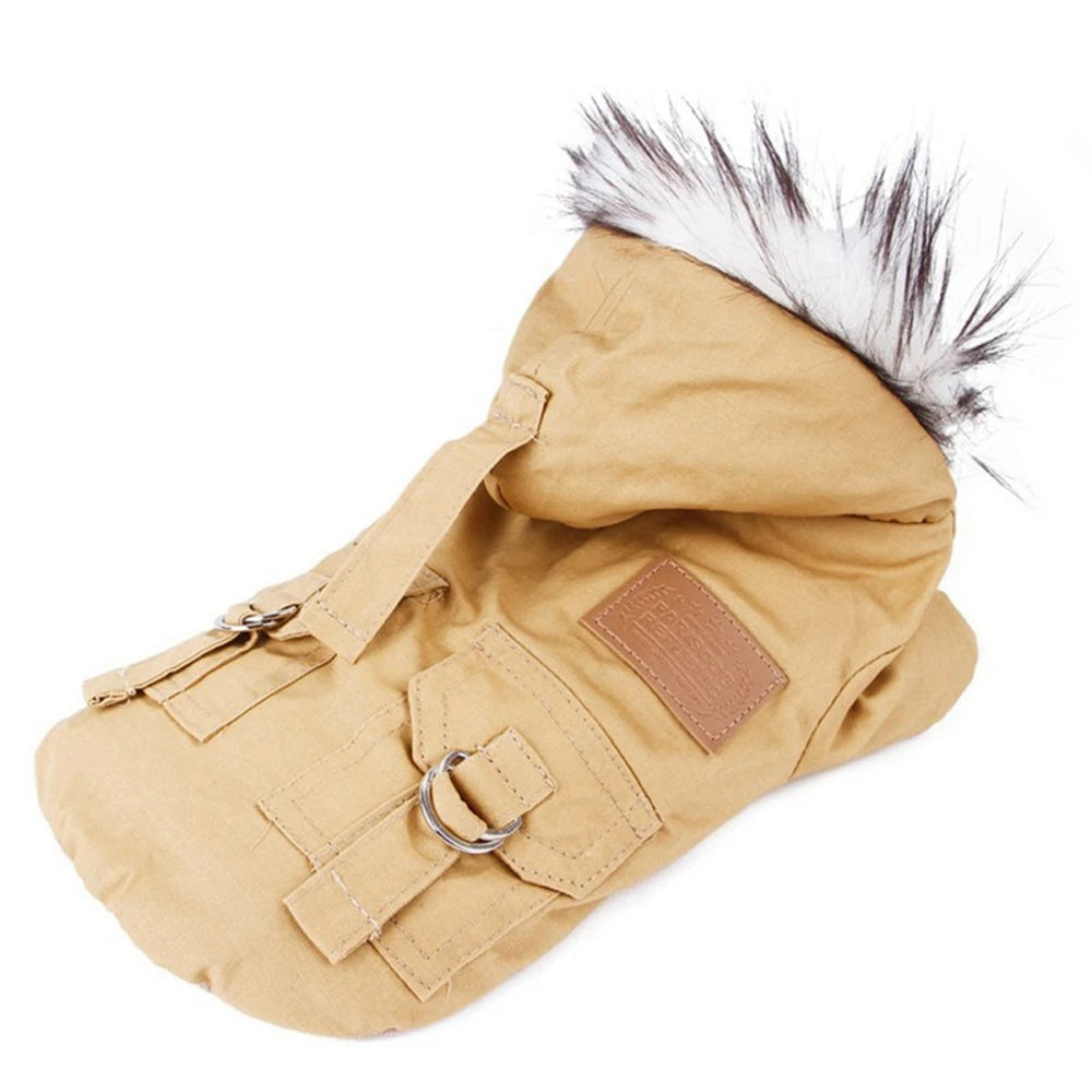 Brown pet jacket with hood, offering thermal protection for dogs on cold weather outdoor strolls