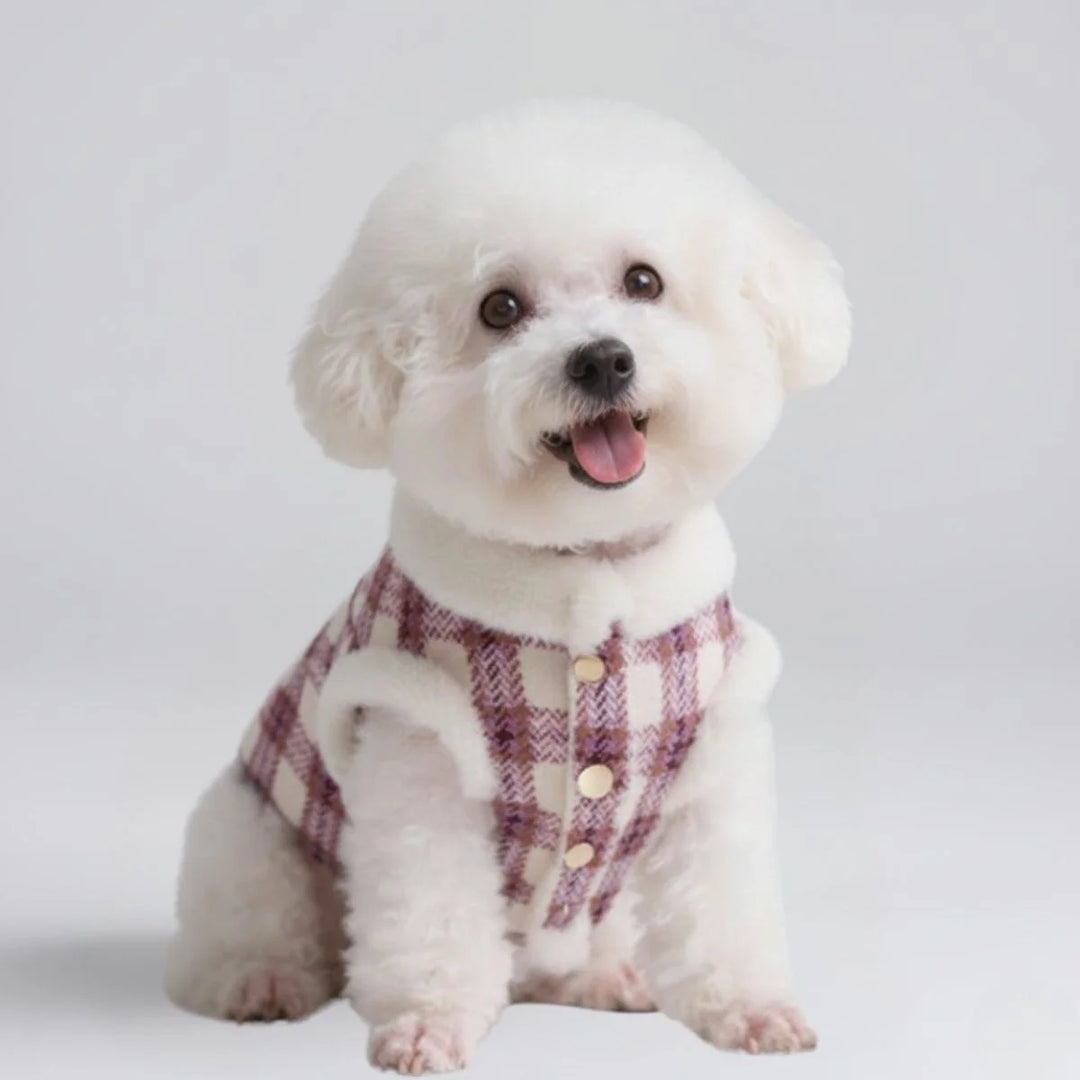 Warm red and black plaid fleece dog pullover jacket for winter pet wear
