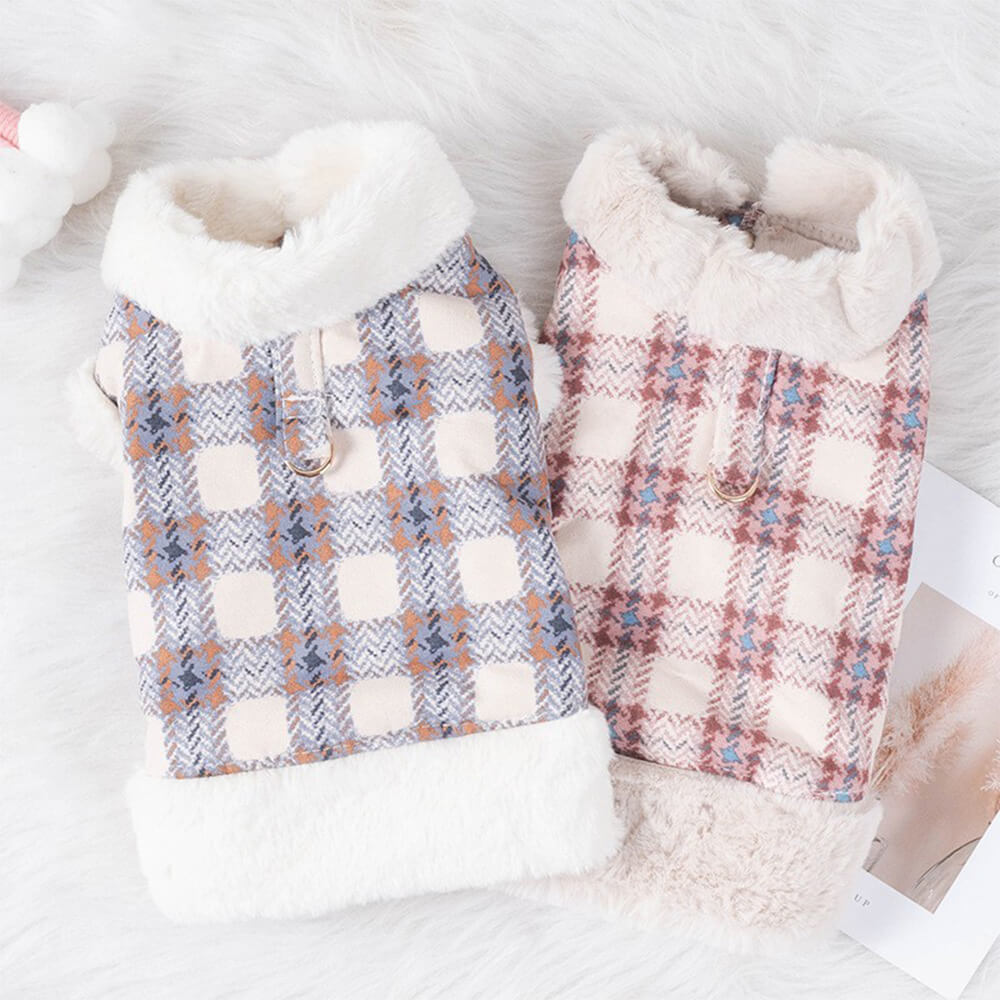 View of the back of a red plaid fleece dog pullover jacket with neat stitching