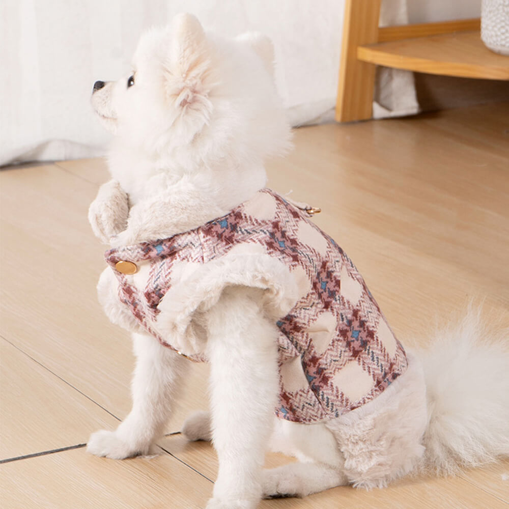 Assorted plaid fleece dog jackets, providing warmth and style for various pet sizes