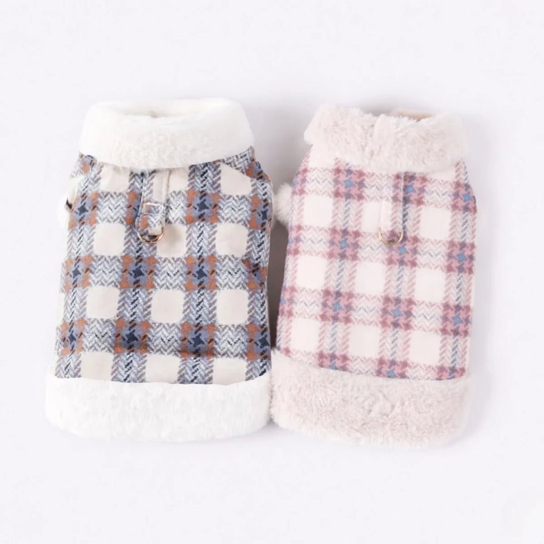Stylish green plaid fleece dog pullover, a warm pet coat for winter adventures