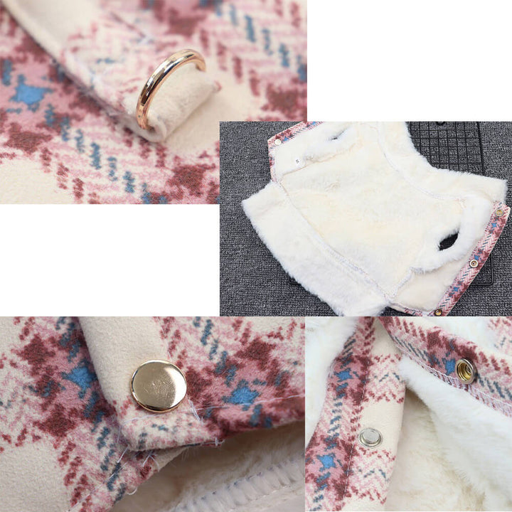 Soft fleece dog jacket in classic plaid pattern, ideal for keeping pets warm
