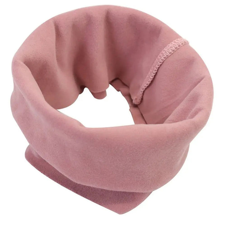 Plush pink dog snood with ear covers, ideal for cold weather, anxiety, and noise reduction