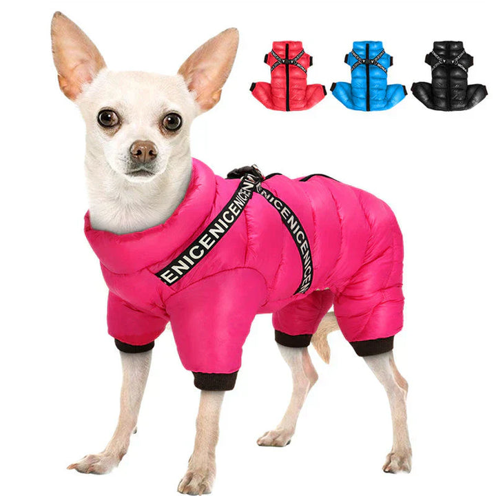 Navy blue padded dog coat with integrated harness, offering warmth and control.