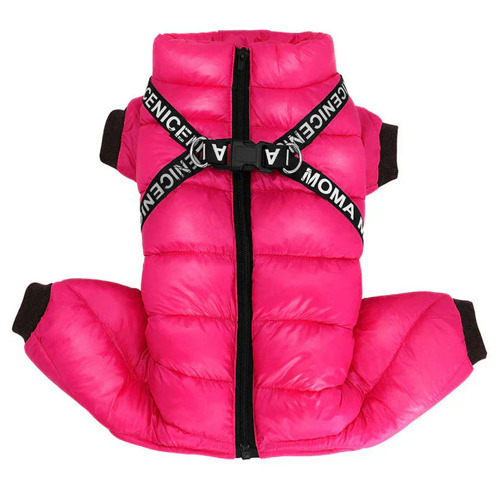 Reflective stitching detail on a grey waterproof dog winter padded coat with harness.