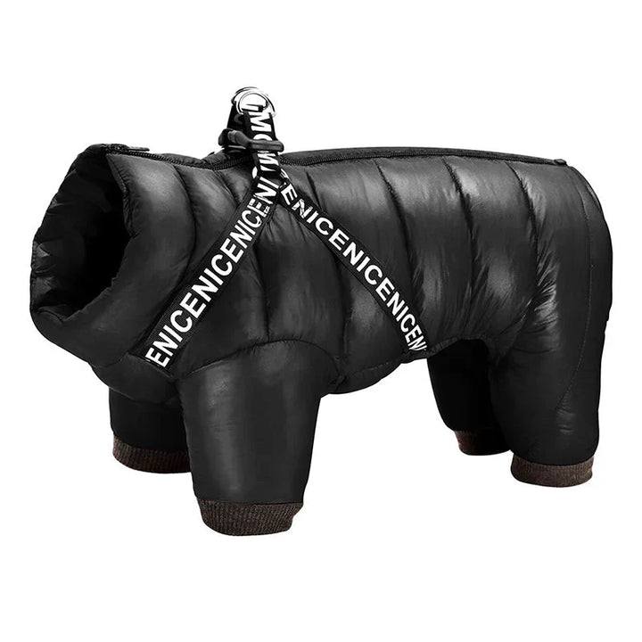Adjustable straps of a winter dog coat with integrated harness for perfect fit.