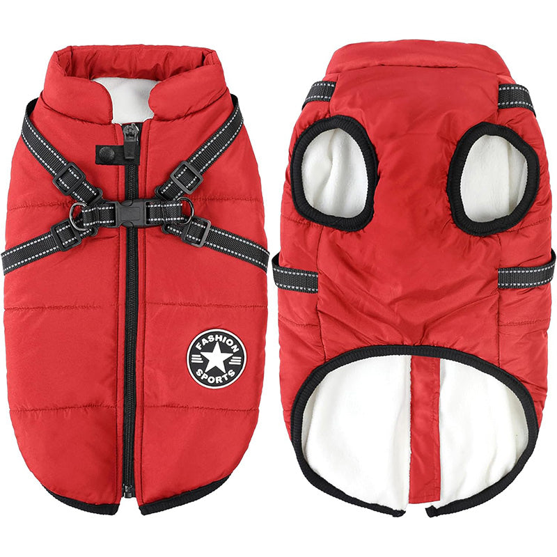 Warm red dog winter jacket with reflective trim for cold weather protection