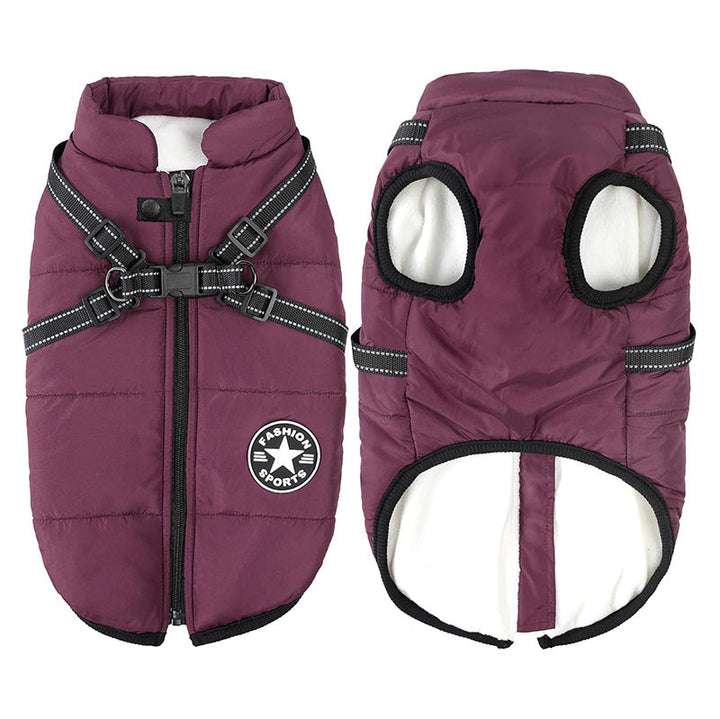 Side view of a grey dog winter jacket, highlighting its durable dog gear design