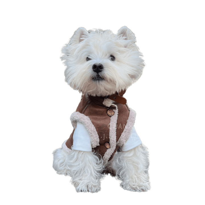 Warm red fleece dog vest with integrated leash hook, perfect for winter outdoor wear and cozy pet apparel.
