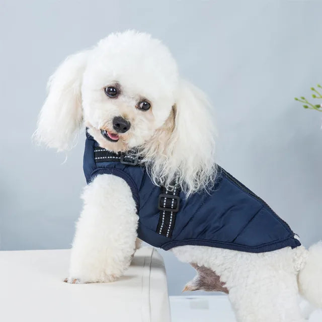 Pink unisex dog jacket with built-in harness, breathable warm pet apparel for winter walks