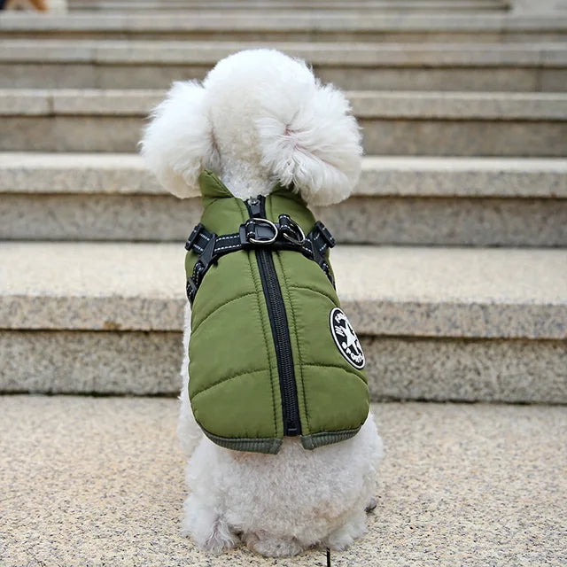 Orange unisex dog jacket, integrated harness, reflective strips, safe pet apparel for night
