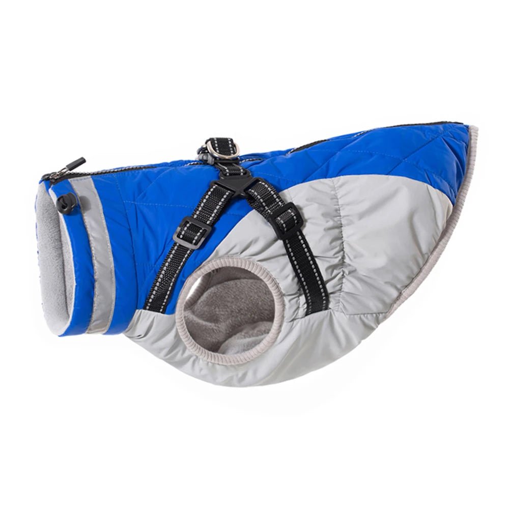Warm, waterproof dog coat with integrated harness for winter walks, fleece lined for small dogs