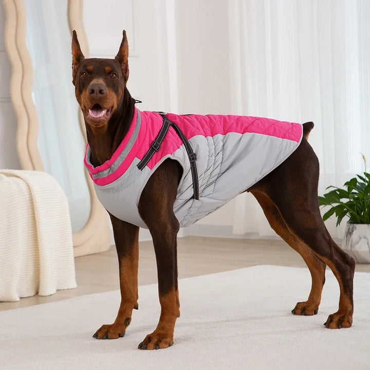 Reflective waterproof dog jacket with built-in harness, ideal for outdoor winter pet activities