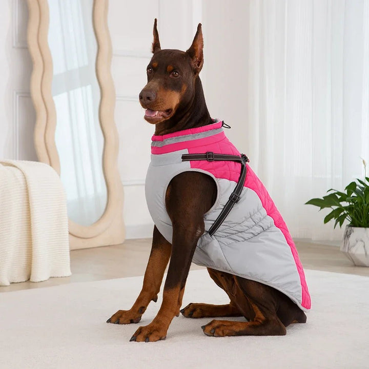 Unisex pet winter coat, waterproof and fleece-lined, with secure harness for cold weather safety