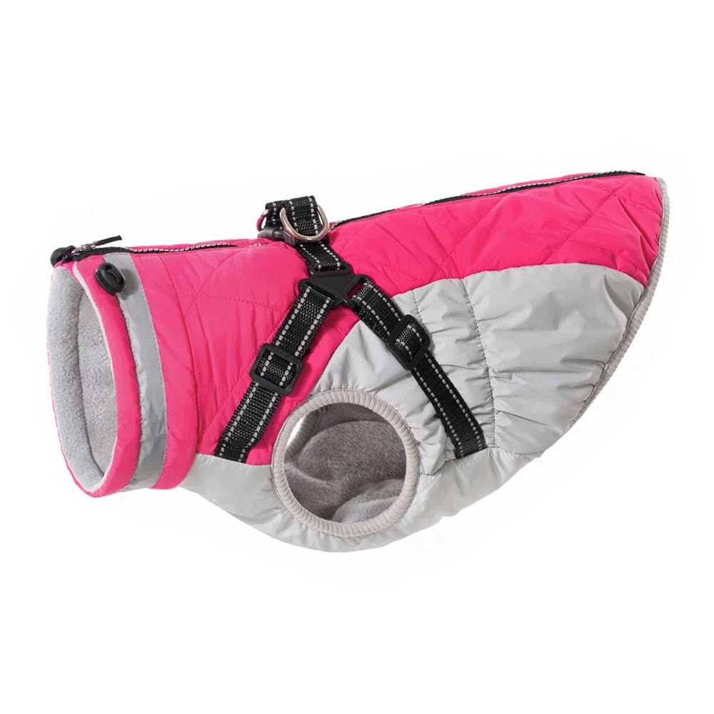 Fleece-lined waterproof dog jacket with integrated reflective harness, perfect for safe winter walks