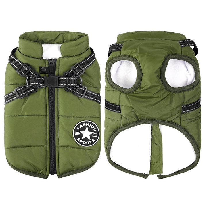 Red waterproof dog jacket with built-in harness, perfect for winter outdoor adventures.