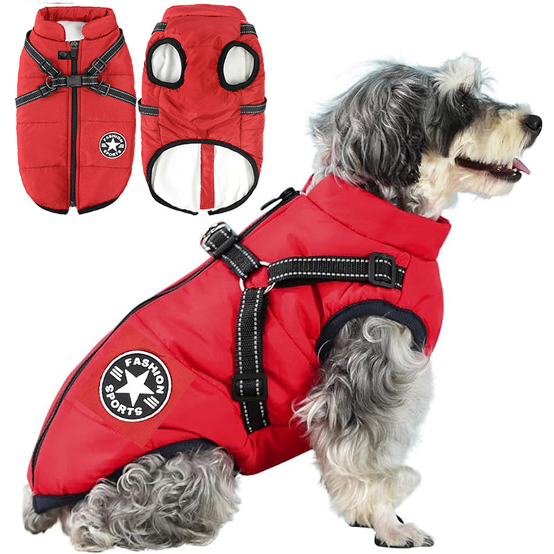 Fleece lined, waterproof dog winter coat with integrated harness for secure walks.