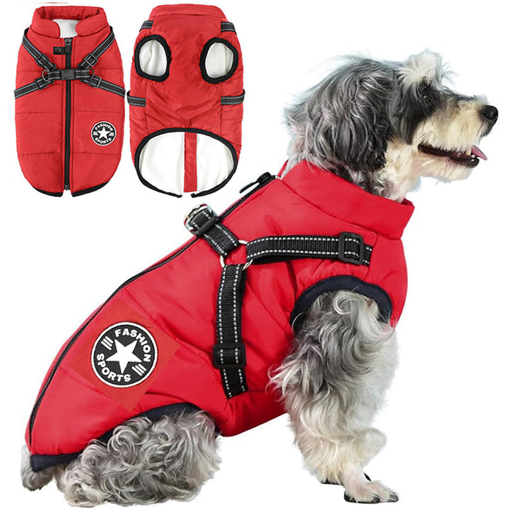 Fleece lined, waterproof dog winter coat with integrated harness for secure walks.