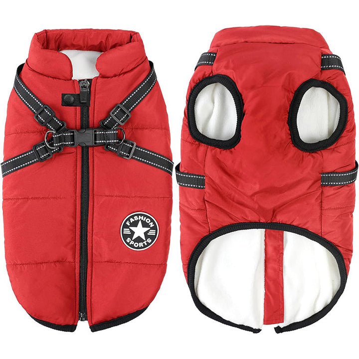 Stylish dog winter jacket with built-in harness, keeping pets cozy and dry on walks.