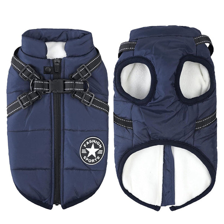 Canine outerwear: waterproof dog jacket with integrated harness and reflective details.