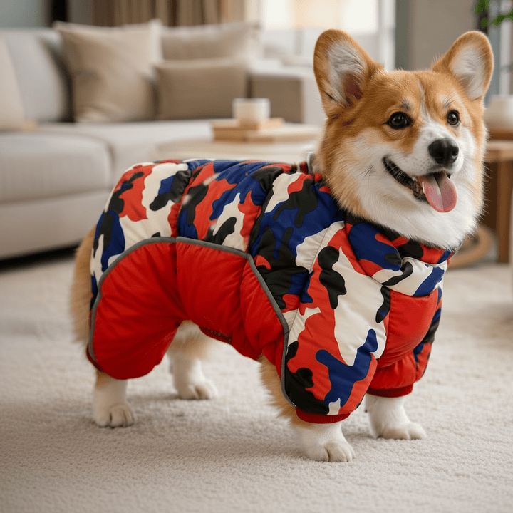 Warm waterproof dog winter jacket with reflective safety stripes for cold weather.