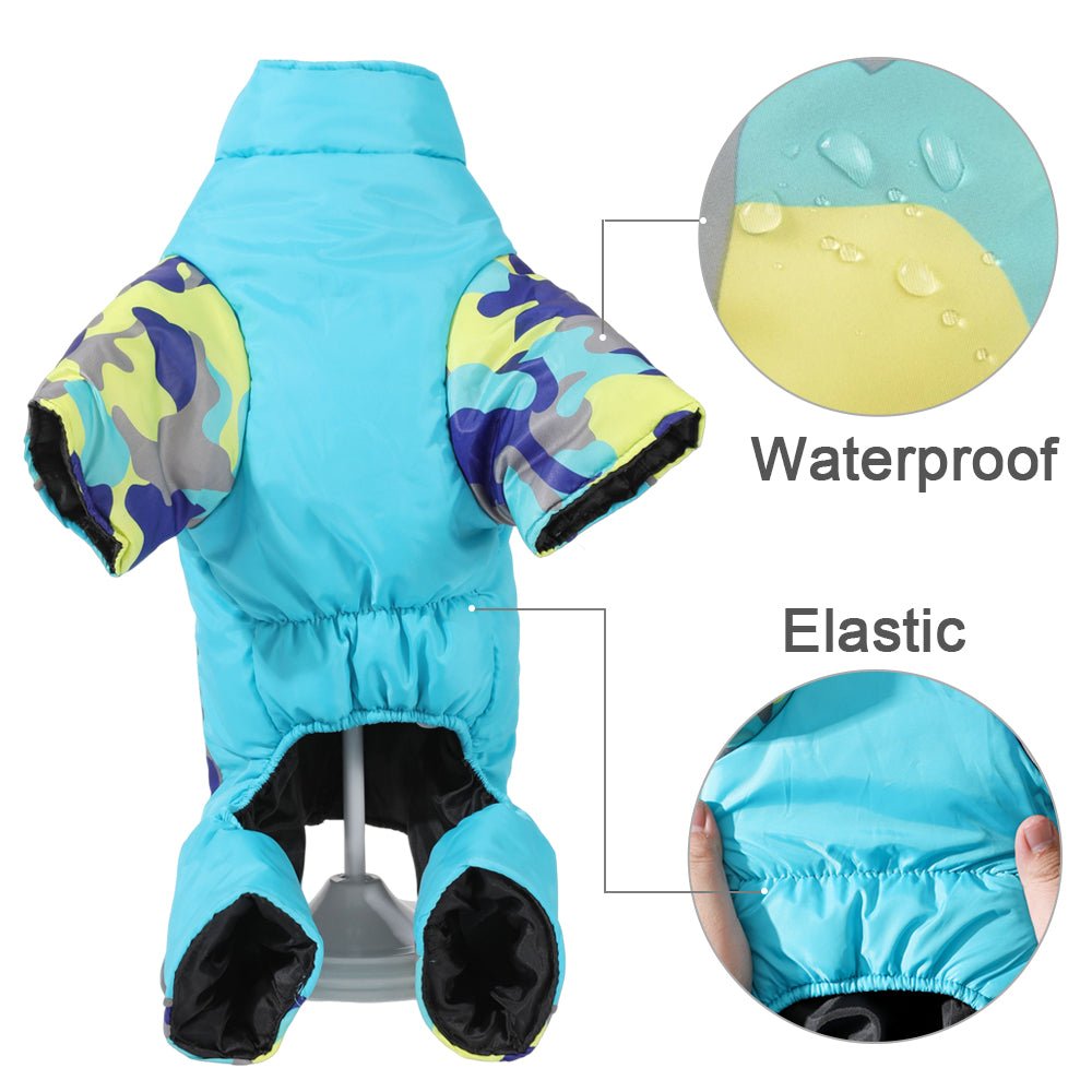 All-weather dog jacket: warm, waterproof, reflective for winter cold protection.