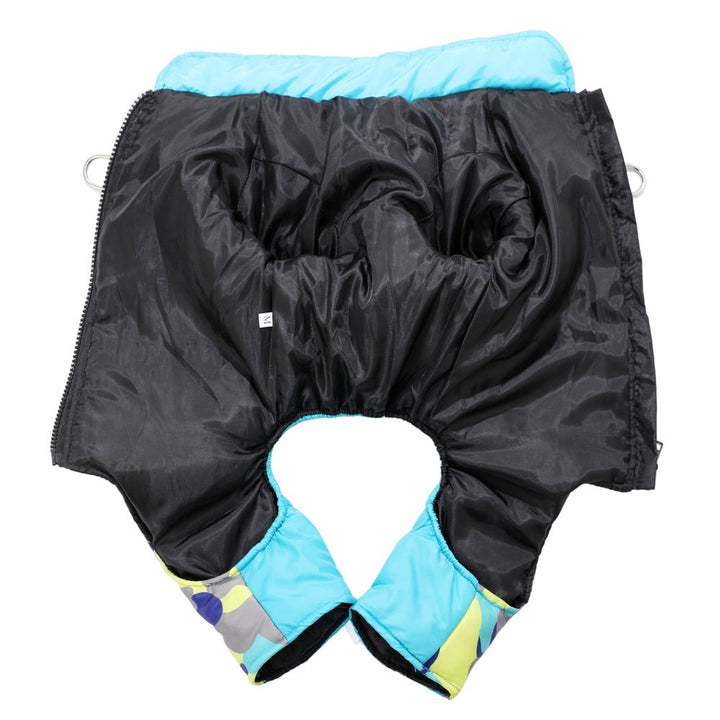 Warm comfortable waterproof dog winter jacket with reflective safety stripes.