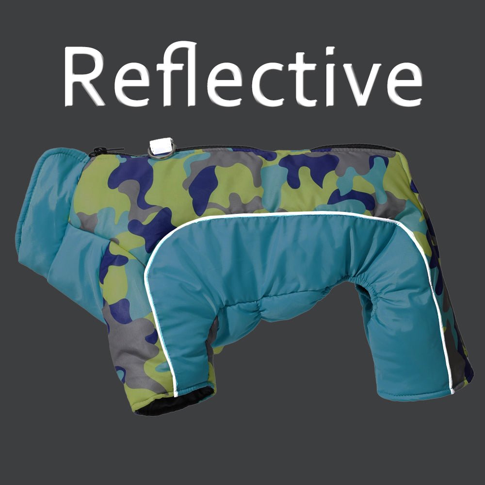 High visibility reflective dog winter coat, warm & waterproof for pet safety.