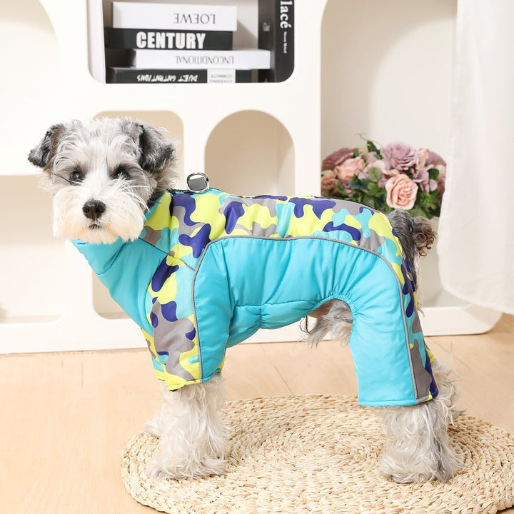 Reflective dog safety jacket for cold weather walks, waterproof & warm protection.