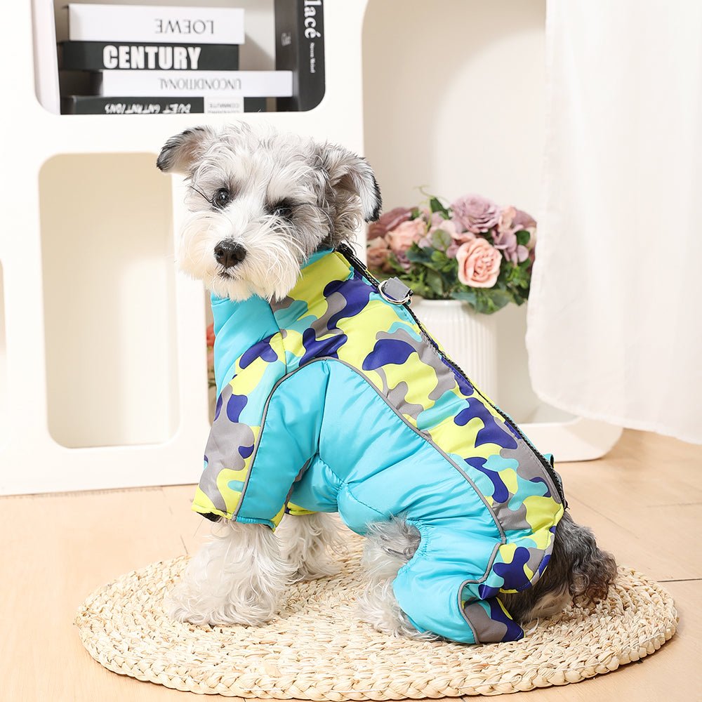 Durable outdoor dog gear: waterproof winter jacket, reflective design for safety.