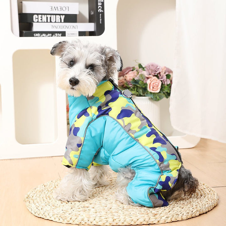 Durable outdoor dog gear: waterproof winter jacket, reflective design for safety.